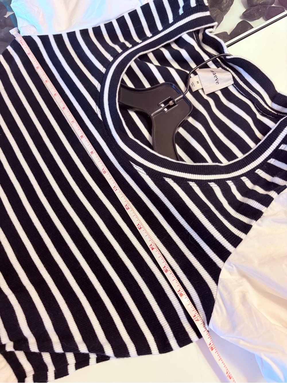 Maeve Striped Bodice Puff-Sleeve Midi Dress in White and Black - Picture 11 of 15